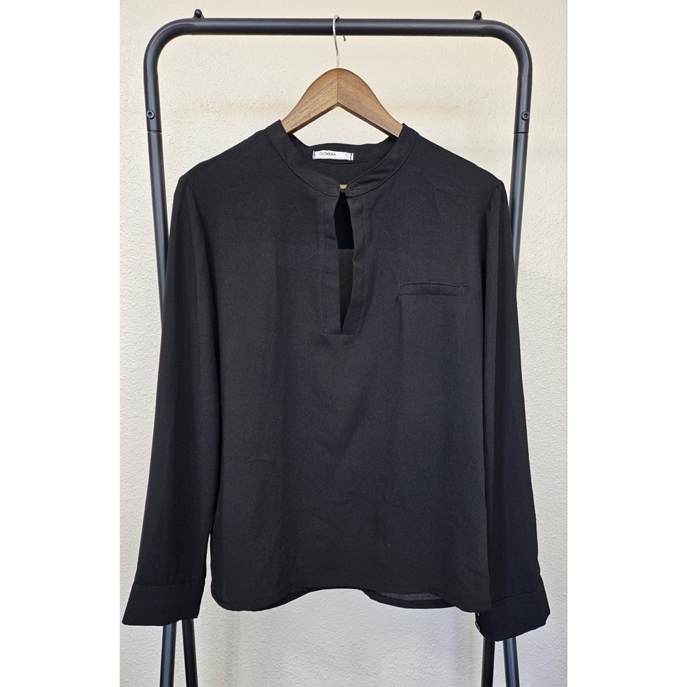 Women's Sheer Long Sleeve Blouse Govana Black Button Neck Front Pocket - Picture 2 of 11